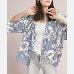 Akemi + Kin Anthropologie Savannah Blue White Floral Striped Kimono, OS